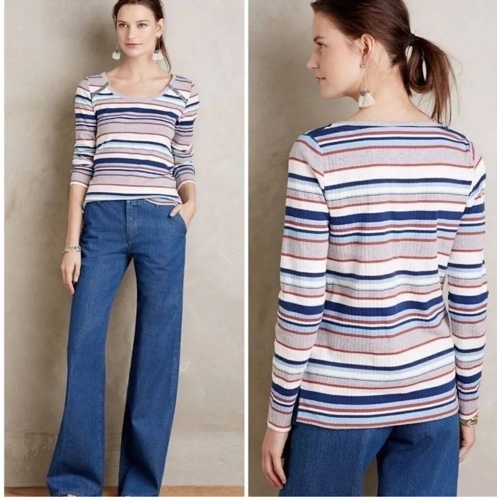 Anthropologie Postmark Striped Scoop Neck Long Sleeve Top Preppy Coastal